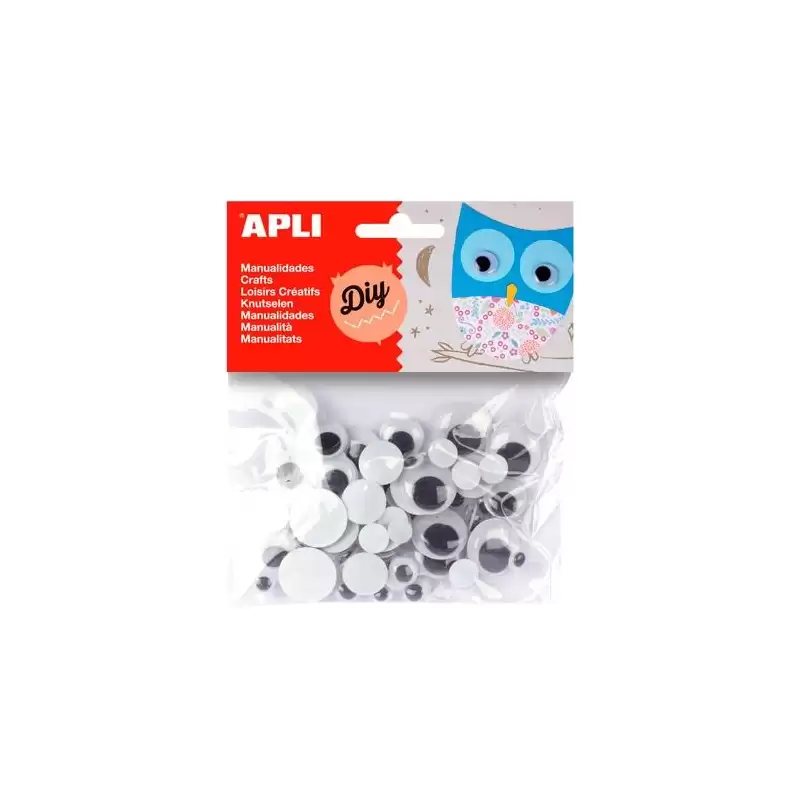 (13058) APLI OJOS MÓVILES NEGROS REDONDOS SIN ADHESIVO TAMAÑOS SURTIDOS -BOLSA 75U-