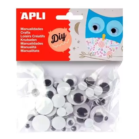 (13058) APLI OJOS MÓVILES NEGROS REDONDOS SIN ADHESIVO TAMAÑOS SURTIDOS -BOLSA 75U-