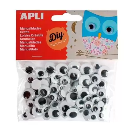 (13263) APLI OJOS MÓVILES NEGROS REDONDOS ADHESIVOS TAMAÑOS SURTIDOS -BOLSA 100U-