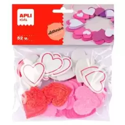 (13283) APLI FORMAS GOMA EVA ADHESIVAS CORAZONES CON PURPURINA COLORES SURTIDOS -52U-