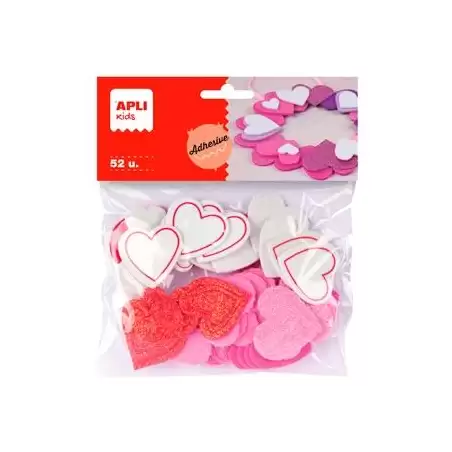 (13283) APLI FORMAS GOMA EVA ADHESIVAS CORAZONES CON PURPURINA COLORES SURTIDOS -52U-