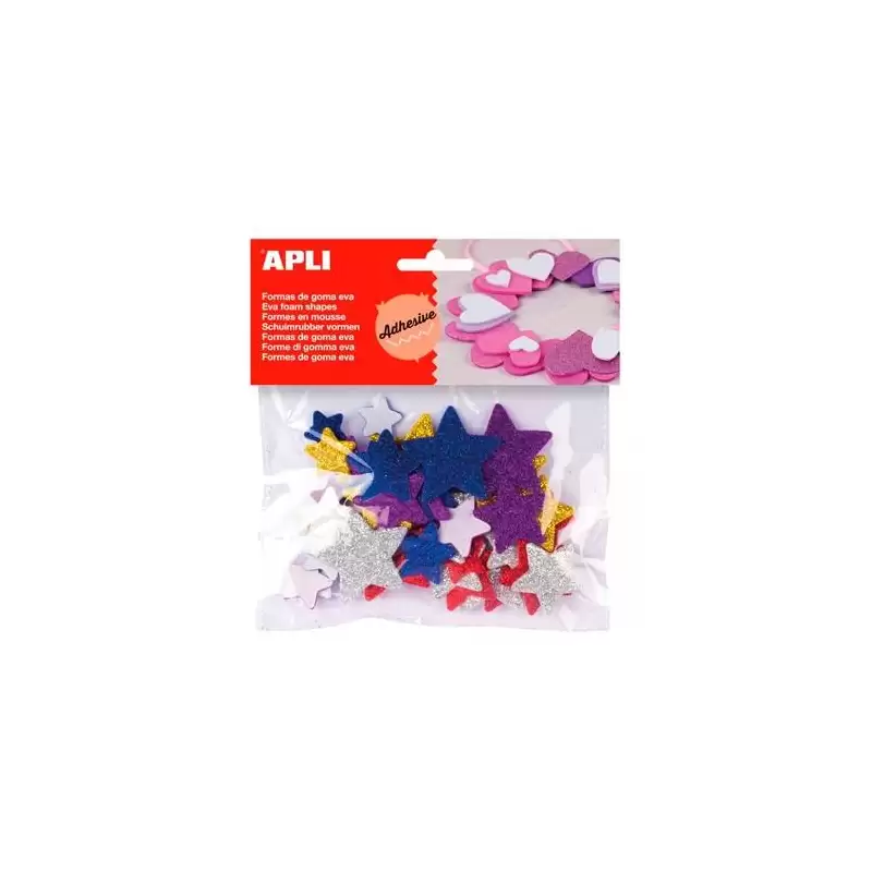 (13485) APLI FORMAS GOMA EVA ADHESIVAS ESTRELLAS CON PURPURINA METALIZADA COLORES SURTIDOS -50U-