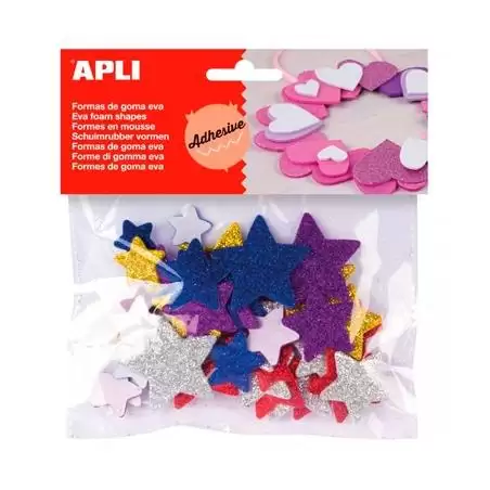 (13485) APLI FORMAS GOMA EVA ADHESIVAS ESTRELLAS CON PURPURINA METALIZADA COLORES SURTIDOS -50U-