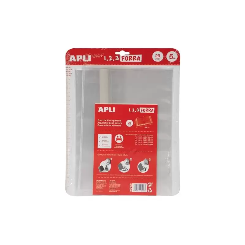 (16913) APLI FORRO DE LIBROS CON SOLAPA AJUSTABLE 290MM PP 75 MICRAS BLÍSTER 5 UD