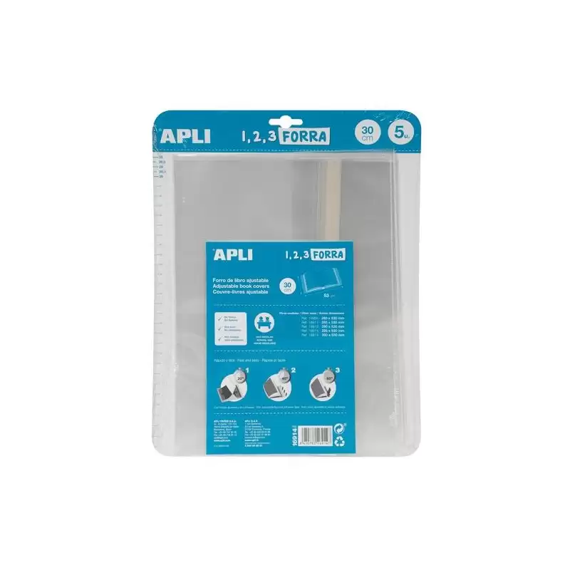 (16914) APLI FORRO DE LIBROS CON SOLAPA AJUSTABLE 300MM PP 75 MICRAS BLÍSTER 5 UD