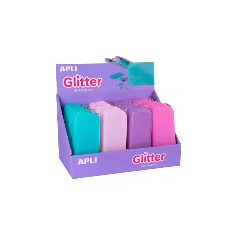 (18216) APLI ESTUCHE PORTATODO DE SILICONA SOFT GLITTER COLORES SURTIDOS -EXPOSITOR 12U-