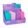 (18216) APLI ESTUCHE PORTATODO DE SILICONA SOFT GLITTER COLORES SURTIDOS -EXPOSITOR 12U-