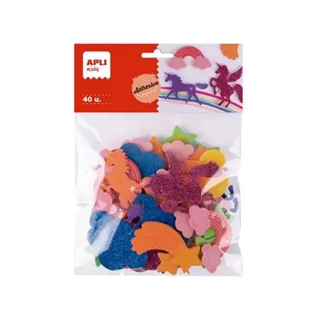 (19371) APLI FORMAS DE GOMA EVA ADHESIVA DISEÑO UNICORNIOS BOLSA DE 40 C/SURTIDOS +4 AÑOS