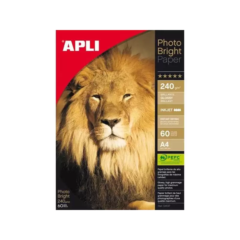(04137) APLI PAPEL FOTOGRÁFICO PROFESIONAL PHOTO BRIGHT A4 240GR INKJET PAQUETE 60H BLANCO BRILLO