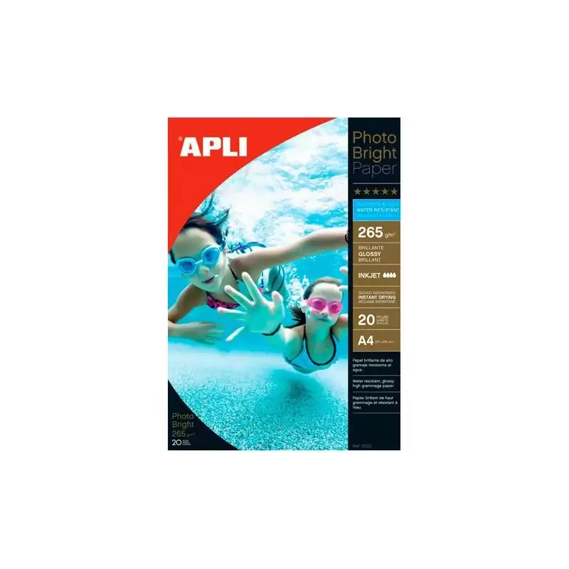 (10123) APLI PAPEL FOTOGRÁFICO PROFESIONAL PHOTO BRIGHT A4 265GR INKJET RESISTENTE AL AGUA PAQUETE 20H BLANCO BRILLO