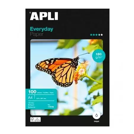 (11475) APLI PAPEL FOTOGRÁFICO EVERYDAY A4 180GR INKJET PAQUETE 100H BLANCO BRILLO