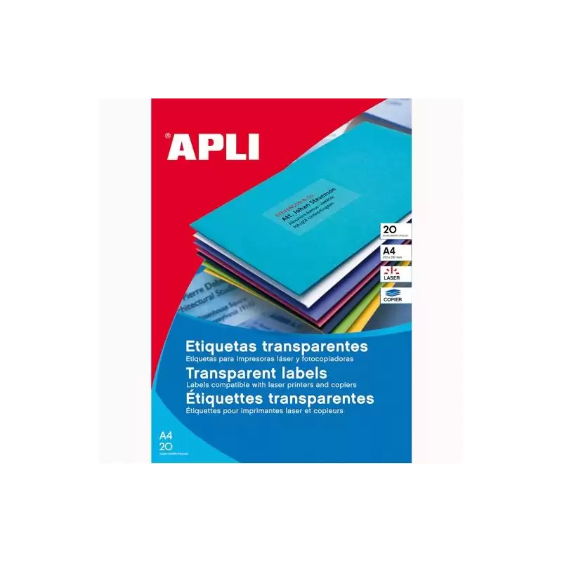 (01225) APLI ETIQUETAS ADHESIVAS 210X297MM LÁSER C/RECTOS 1 X 20H POLIÉSTER TRANSPARENTE