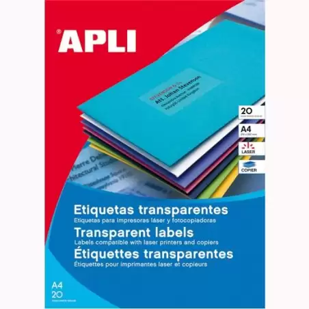 (01225) APLI ETIQUETAS ADHESIVAS 210X297MM LÁSER C/RECTOS 1 X 20H POLIÉSTER TRANSPARENTE