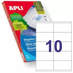 (01278) APLI ETIQUETAS ADHESIVAS 105X57MM INKJET/LÁSER C/RECTOS 10 X 100H BLANCO