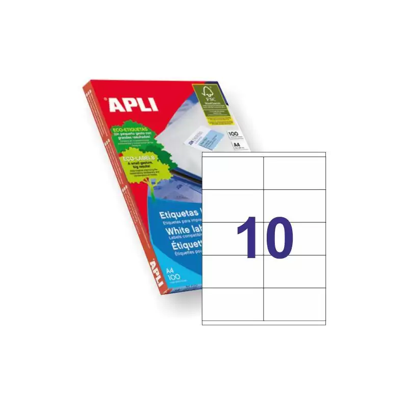 (01278) APLI ETIQUETAS ADHESIVAS 105X57MM INKJET/LÁSER C/RECTOS 10 X 100H BLANCO