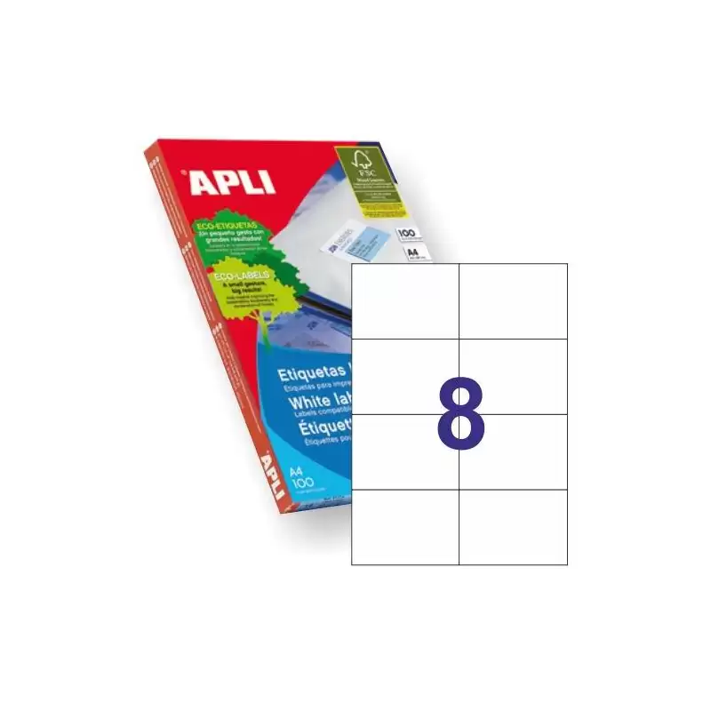 (01279) APLI ETIQUETAS ADHESIVAS 105X74MM INKJET/LÁSER C/RECTOS 8 X 100H BLANCO