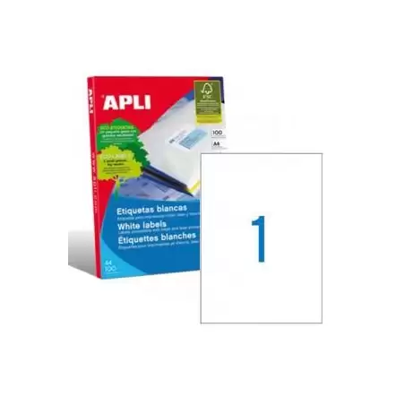 (01281) APLI ETIQUETAS ADHESIVAS 210X297MM INKJET/LÁSER C/RECTOS 1 X 100H BLANCO
