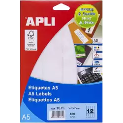 (01875) APLI ETIQUETAS ADHESIVAS 34X67MM MANUAL/IMPRESIÓN C/ROMOS 12 X 15H A5 BLANCO