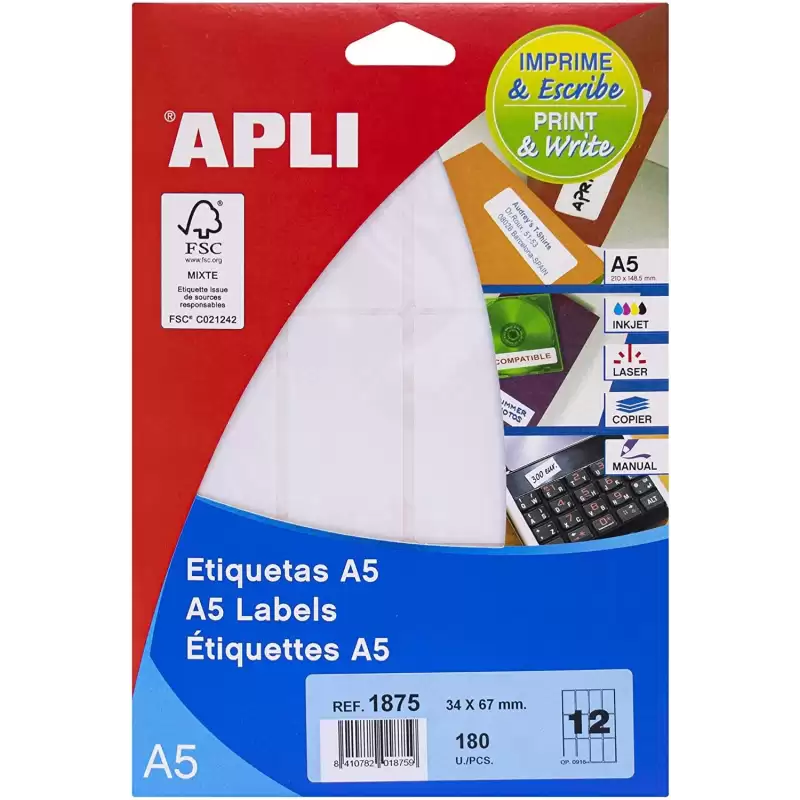 (01875) APLI ETIQUETAS ADHESIVAS 34X67MM MANUAL/IMPRESIÓN C/ROMOS 12 X 15H A5 BLANCO
