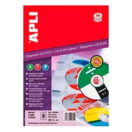 (02899) APLI ETIQUETAS ADHESIVAS PARA CD-DVD TAMAÑO CLÁSICO INKJET/LÁSER 2 X 25H DORSO OPACO