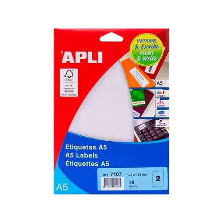 (07107) APLI ETIQUETAS ADHESIVAS 105X148MM MANUAL/IMPRESIÓN C/RECTOS 2 X 15H BLANCO