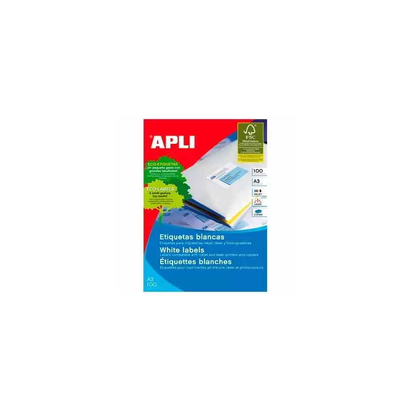 (11352) APLI ETIQUETAS ADHESIVAS 297X420MM INKJET/LÁSER C/RECTOS 1 X 100H A3 BLANCO