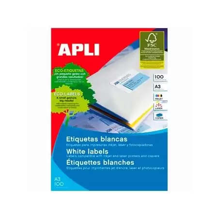 (11352) APLI ETIQUETAS ADHESIVAS 297X420MM INKJET/LÁSER C/RECTOS 1 X 100H A3 BLANCO