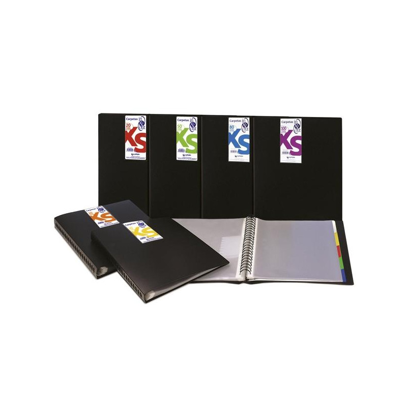 (39452010) GRAFOPLÁS CARPETA 20 FUNDAS ESPIRAL A4 EXTRAÍBLES CALIDAD EXTRA 5 SEPARADORES PP TRANSLÚCIDO RÍGIDO IN & OUT NEGRO