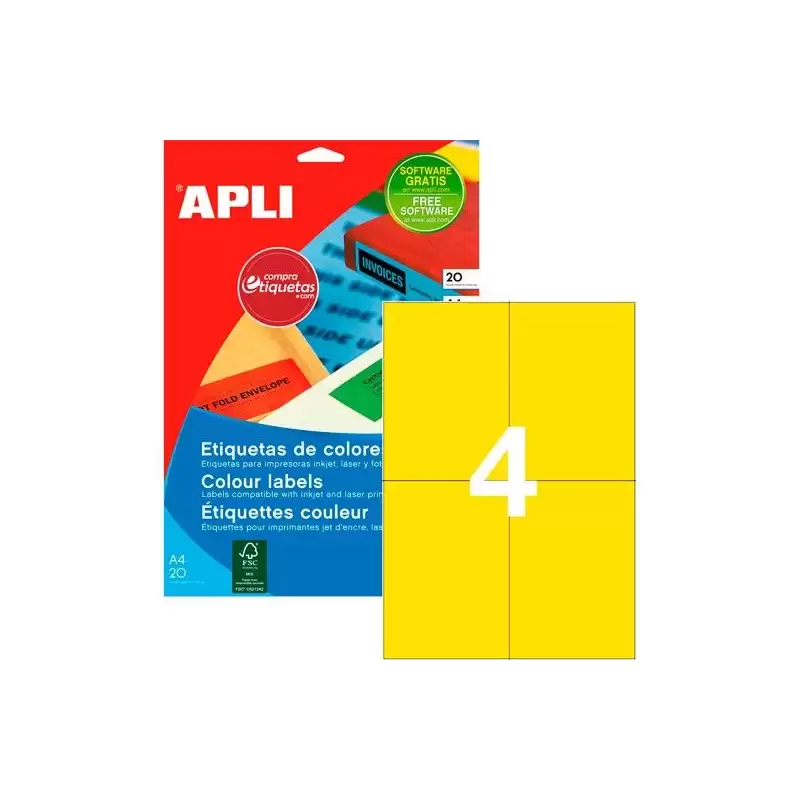 (12991) APLI ETIQUETAS ADHESIVAS 105X148MM INKJET/LÁSER C/RECTOS 4 X 20H AMARILLO