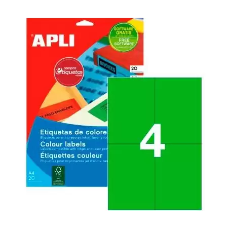 (12994) APLI ETIQUETAS ADHESIVAS 105X148MM INKJET/LÁSER C/RECTOS 4 X 20H VERDE