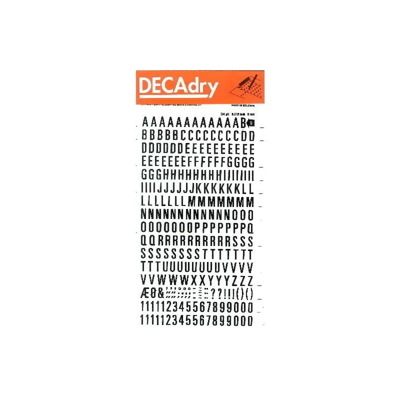 (DD9F) APLI LETRAS Y NÚMEROS TRANSFERIBLES 8MM 277 CARACTERES NEGRO