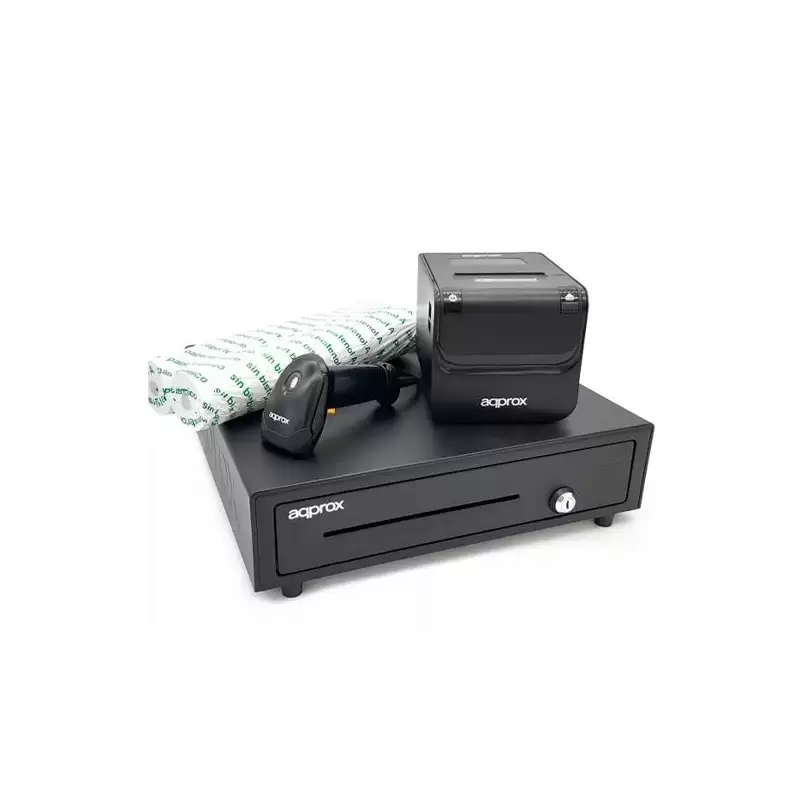 (APPPOSPACK4180) AQPROX KIT TPV CAJON PORTAMONEDAS NEGRO + LECTOR/SCANNER + IMPRESORA TERMICA + PACK ROLLOS PAPEL