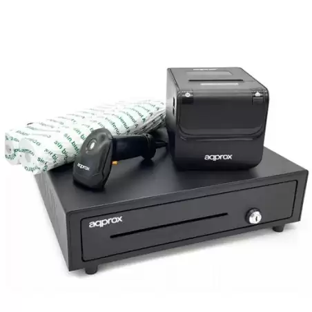 (APPPOSPACK4180) AQPROX KIT TPV CAJON PORTAMONEDAS NEGRO + LECTOR/SCANNER + IMPRESORA TERMICA + PACK ROLLOS PAPEL