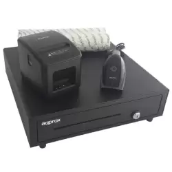 (APPPOSPACK4180USB-2D) AQPROX KIT TPV CAJON PORTAMONEDAS NEGRO + LECTOR/SCANNER + IMPRESORA TERMICA + PACK ROLLOS PAPEL