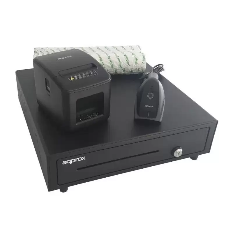 (APPPOSPACK4180USB-2D) AQPROX KIT TPV CAJON PORTAMONEDAS NEGRO + LECTOR/SCANNER + IMPRESORA TERMICA + PACK ROLLOS PAPEL