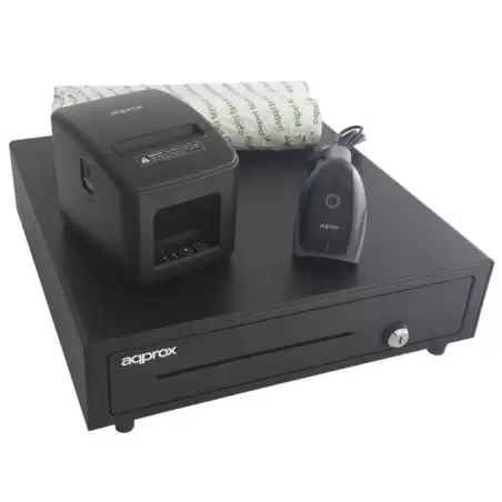(APPPOSPACK4180USB-2D) AQPROX KIT TPV CAJON PORTAMONEDAS NEGRO + LECTOR/SCANNER + IMPRESORA TERMICA + PACK ROLLOS PAPEL