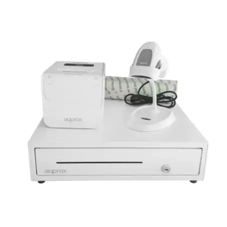 (APPPOSPACK4180WH) AQPROX KIT TPV CAJON PORTAMONEDAS NEGRO + LECTOR/SCANNER + IMPRESORA TERMICA + PACK ROLLOS PAPEL BLANCO