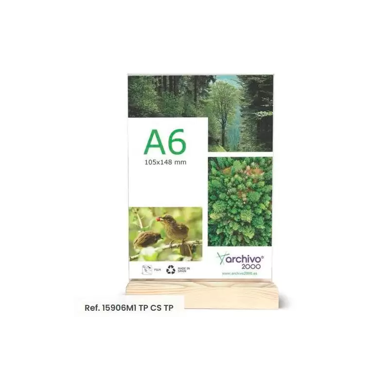 (15906M1 CS TP) ARCHIVO 2000 EXPOSITOR DE SOBREMESA SOSTENIBLE DOBLE CARA A6 VERTICAL METACRILATO CON BASE DE MADERA