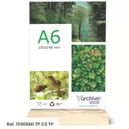 (15906M1 CS TP) ARCHIVO 2000 EXPOSITOR DE SOBREMESA SOSTENIBLE DOBLE CARA A6 VERTICAL METACRILATO CON BASE DE MADERA