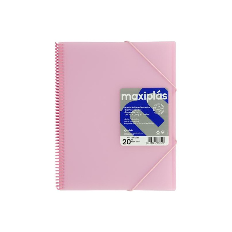 (39832093) GRAFOPLÁS CARPETA CON FUNDAS MAXIPLÁS ESPIRAL A4 20 FUNDAS C/SOBRE PP RÍGIDO TRANSLÚCIDO ROSA SOFT