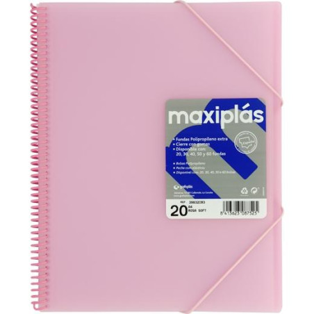 (39832093) GRAFOPLÁS CARPETA CON FUNDAS MAXIPLÁS ESPIRAL A4 20 FUNDAS C/SOBRE PP RÍGIDO TRANSLÚCIDO ROSA SOFT
