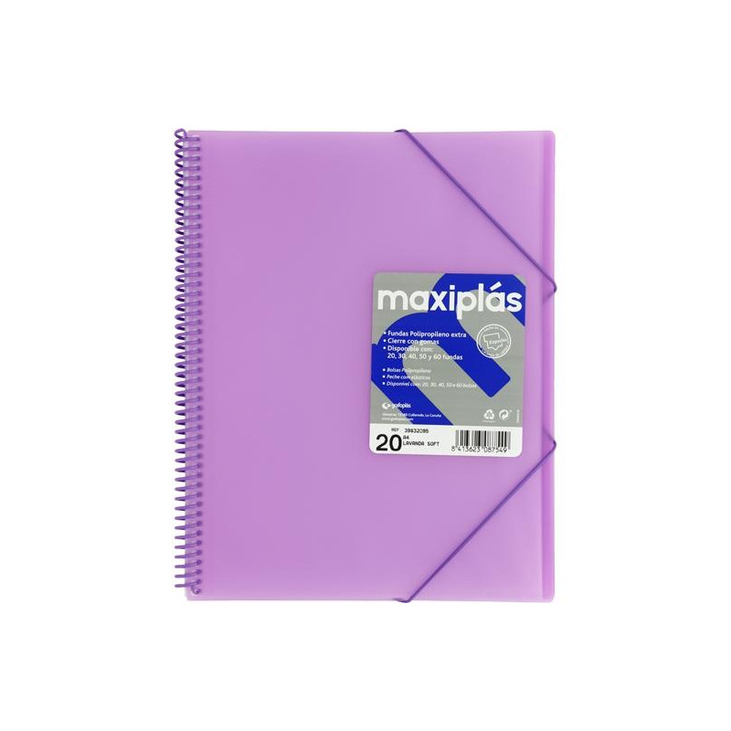 (39832095) GRAFOPLÁS CARPETA CON FUNDAS MAXIPLÁS ESPIRAL A4 20 FUNDAS C/SOBRE PP RÍGIDO TRANSLÚCIDO LAVANDA SOFT