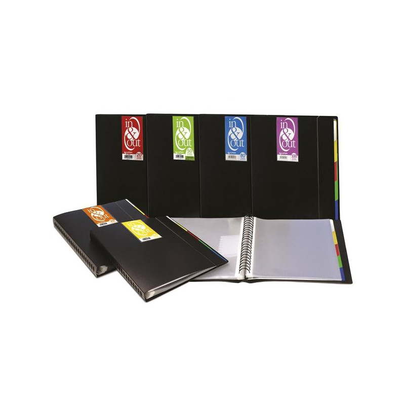 (39405010) GRAFOPLÁS CARPETA 50 FUNDAS ESPIRAL A4 EXTRAÍBLES CALIDAD EXTRA 5 SEPARADORES PP RÍGIDO OPACO IN & OUT NEGRO