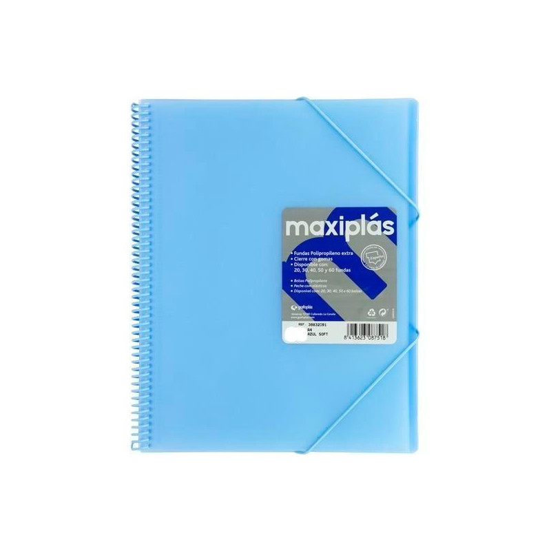 (39833091) GRAFOPLÁS CARPETA CON FUNDAS MAXIPLÁS ESPIRAL A4 30 FUNDAS C/SOBRE PP RÍGIDO TRANSLÚCIDO AZUL SOFT