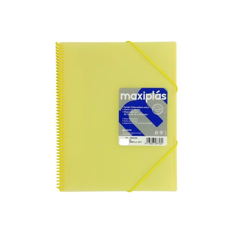 (39833094) GRAFOPLÁS CARPETA CON FUNDAS MAXIPLÁS ESPIRAL A4 30 FUNDAS C/SOBRE PP RÍGIDO TRANSLÚCIDO AMARILLO SOFT