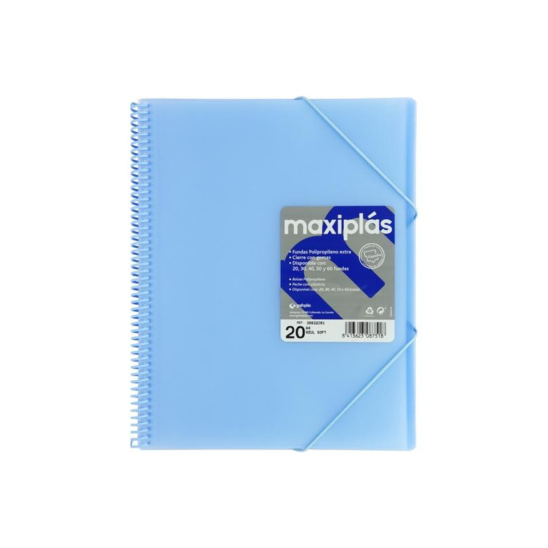 (39832091) GRAFOPLÁS CARPETA CON FUNDAS MAXIPLÁS ESPIRAL A4 20 FUNDAS C/SOBRE PP RÍGIDO TRANSLÚCIDO AZUL SOFT