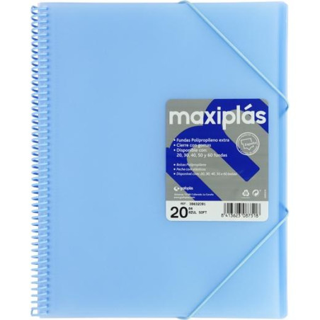 (39832091) GRAFOPLÁS CARPETA CON FUNDAS MAXIPLÁS ESPIRAL A4 20 FUNDAS C/SOBRE PP RÍGIDO TRANSLÚCIDO AZUL SOFT