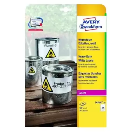 (L4718-20) AVERY ETIQUETAS ADHESIVAS EXTRA RESISTENTES 70X37MM LÁSER 24 X 20H POLIÉSTER BLANCO