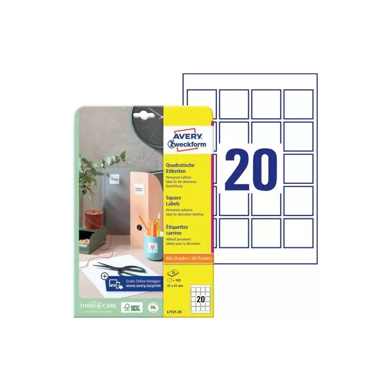 (L7121-25) AVERY ETIQUETAS ADHESIVAS PARA CÓDIGOS QR 45X45MM INKJET/LÁSER 20 X 25H BLANCO