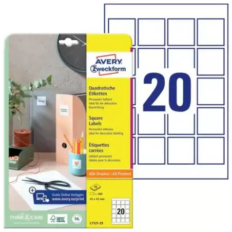 (L7121-25) AVERY ETIQUETAS ADHESIVAS PARA CÓDIGOS QR 45X45MM INKJET/LÁSER 20 X 25H BLANCO